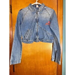 AKDMKS Jeans Jacket Denim Embroidered Patches Logo Womens Sz M Streetwear HipHop
